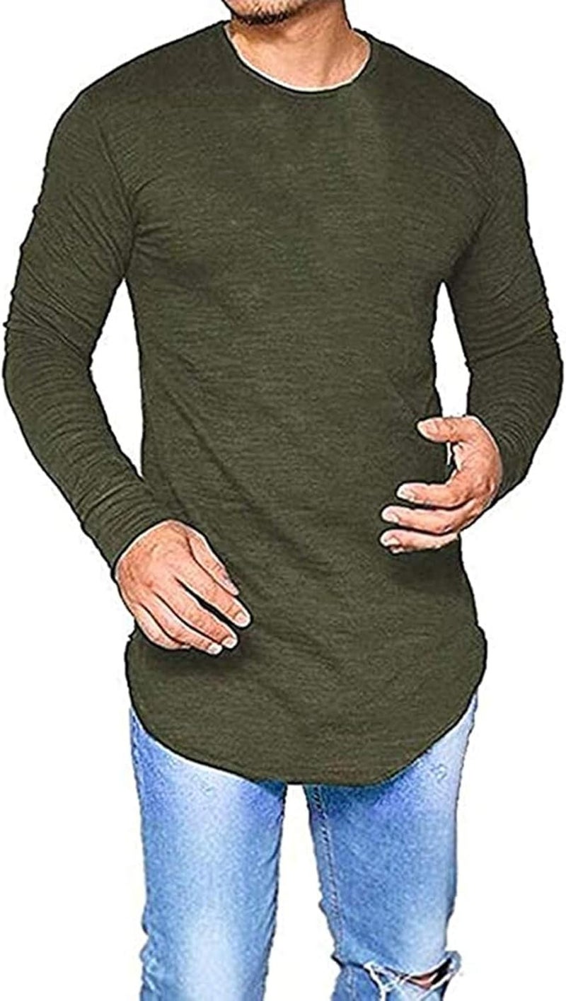 LIWEIKE Mens Solid Extended Hipster Hip Hop Swag Curve Hem Long Sleeve T Shirt (Army Green, Medium) - Image 1